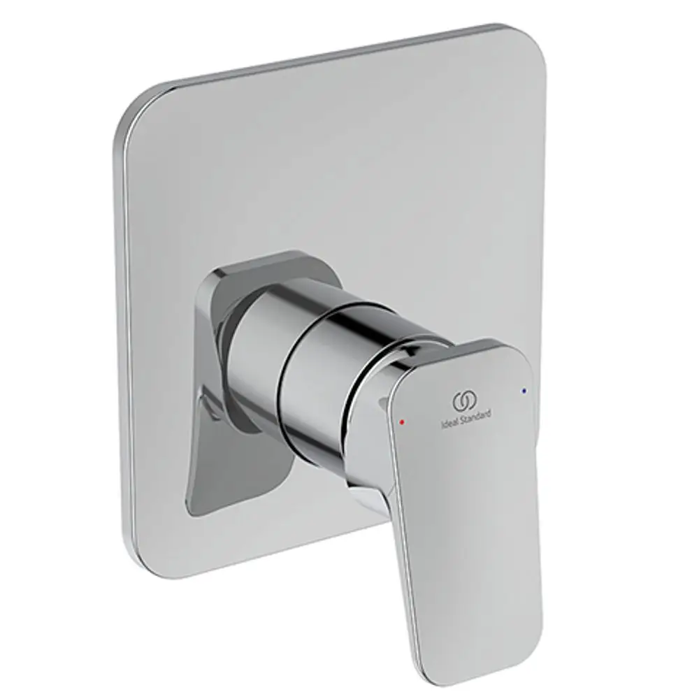 Ein chromfarbener Wasserhahn von Ideal Standard mit einer eckigen Grundplatte und einem seitlichen Hebel zur Temperatur- und Mengenregulierung.